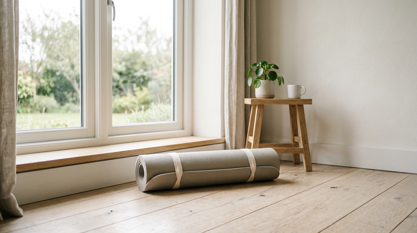 Saltea de fitness rulată lângă o fereastră, într-un spațiu minimalist și luminos